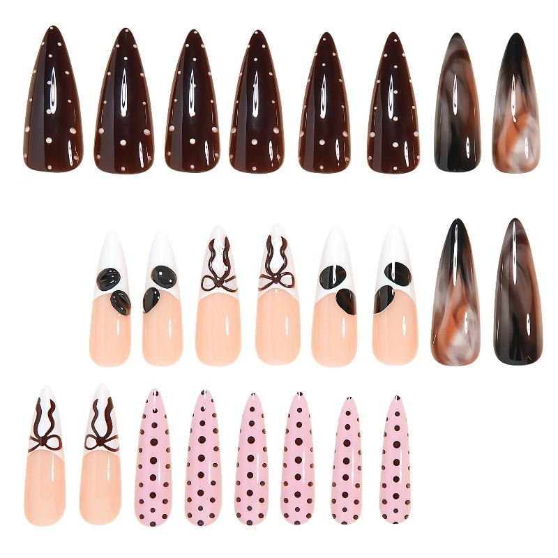 48pcs-Cute Press on Nails with Pink Brown Polka Dots, Bows and Marble, Glossy