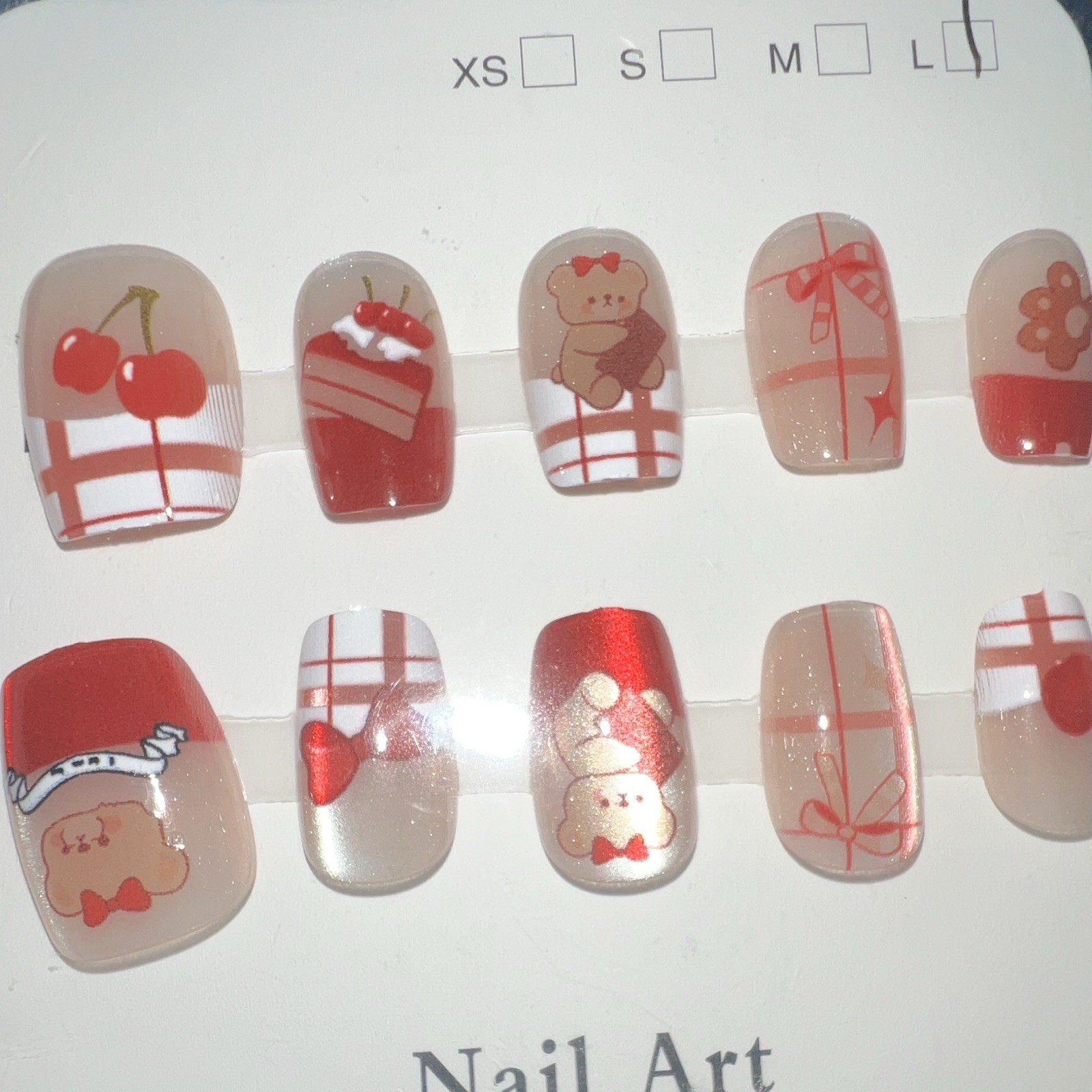 Square Short Press-On Nails Red/Beige/White Shiny Cherry Bear Food Full Cover