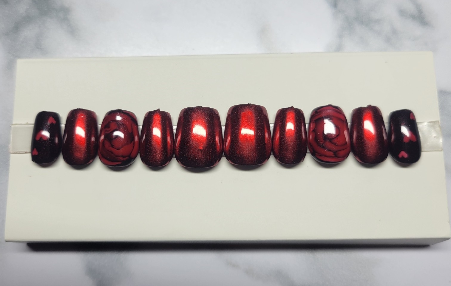 30Pc Bold & Romantic Press-On Nail Set. Deep Red. Rose Accent. New & Hand Made
