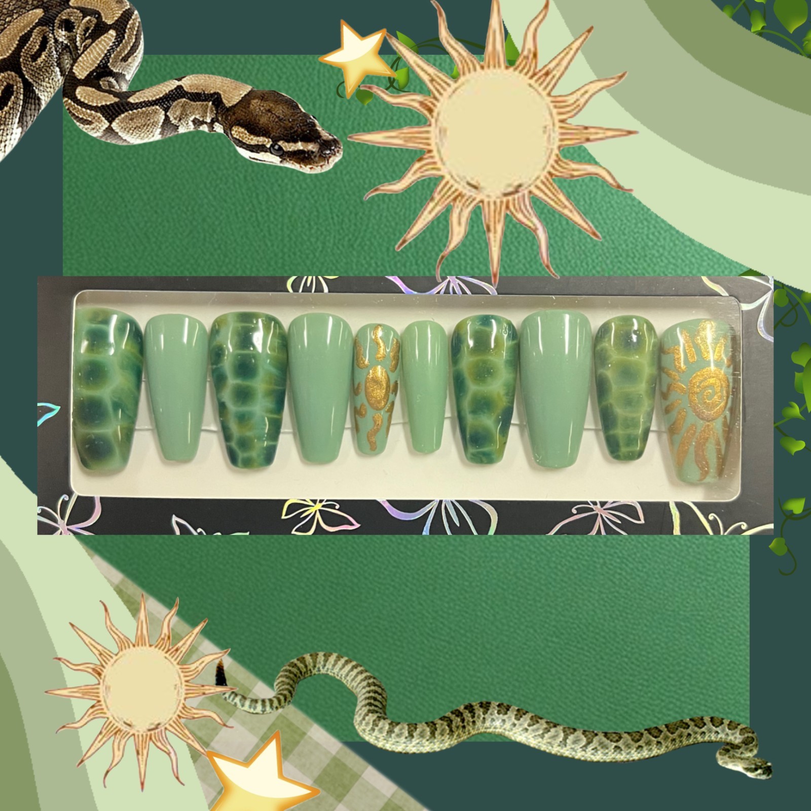 Hand painted green and gold sun long square nails (glue not included)