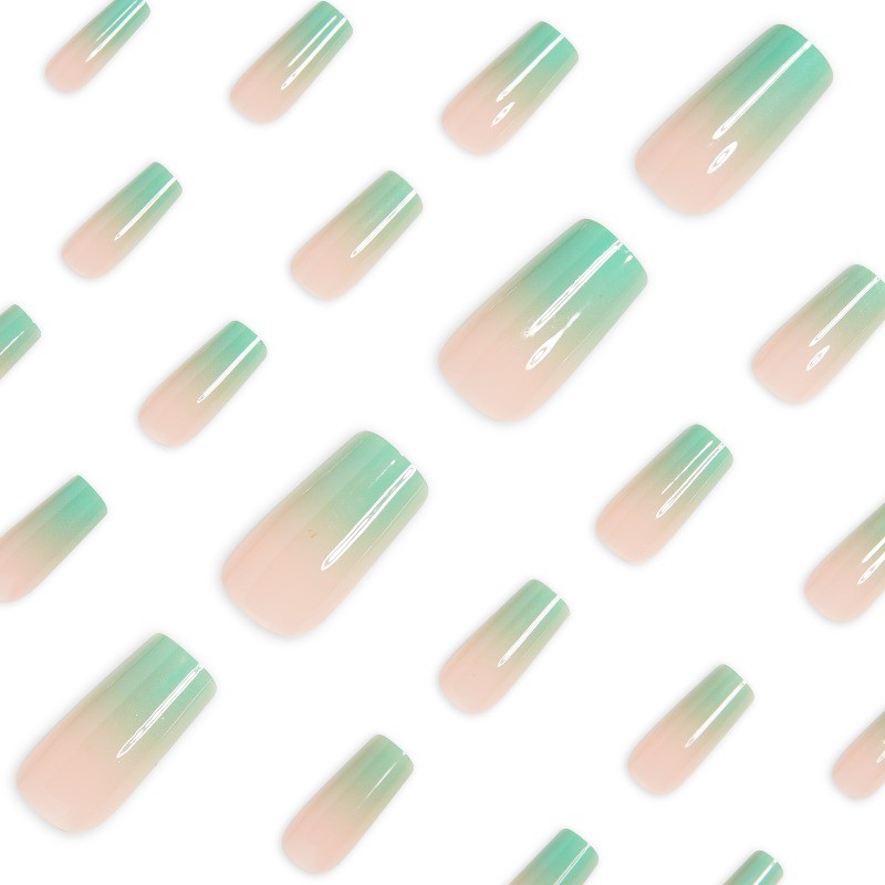 48pcs-Light Green To Nude Ombre Press on Nails, Long Coffin Acrylic Fake Nails