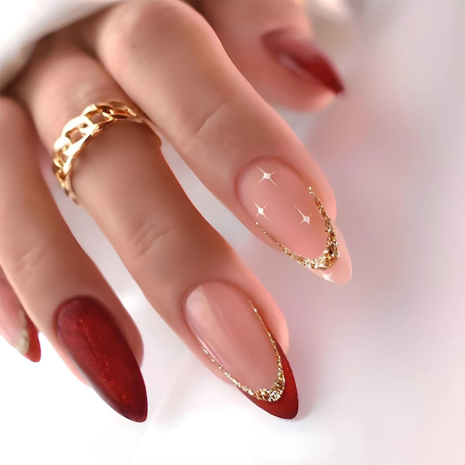 Press on Nails Tip Almond Medium Length, Artificial Fake Nails with Gold Sequ…