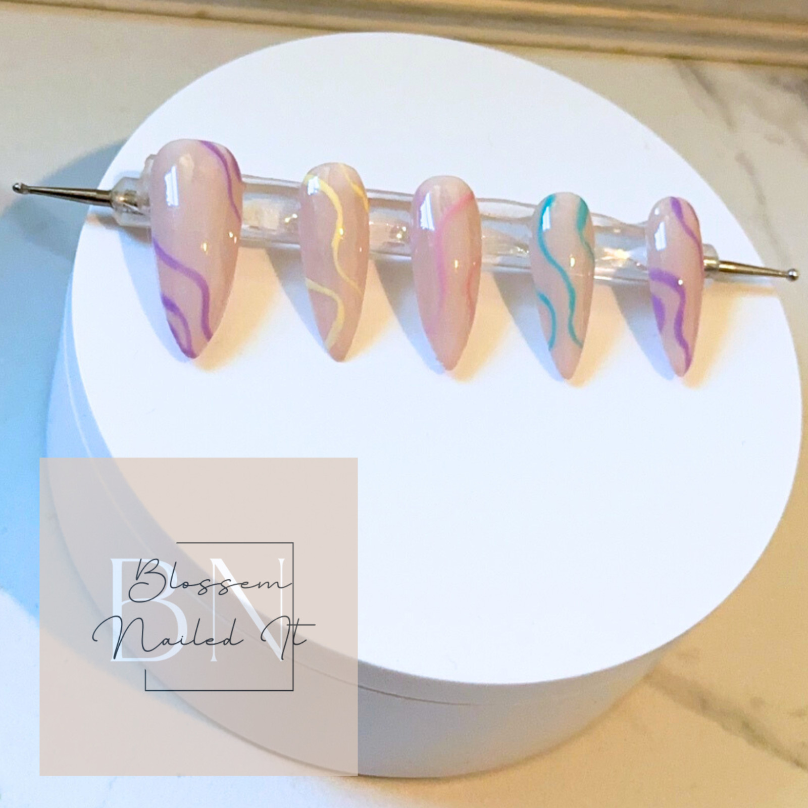 Pastel boho swirl press on nails. Long and short styles available.