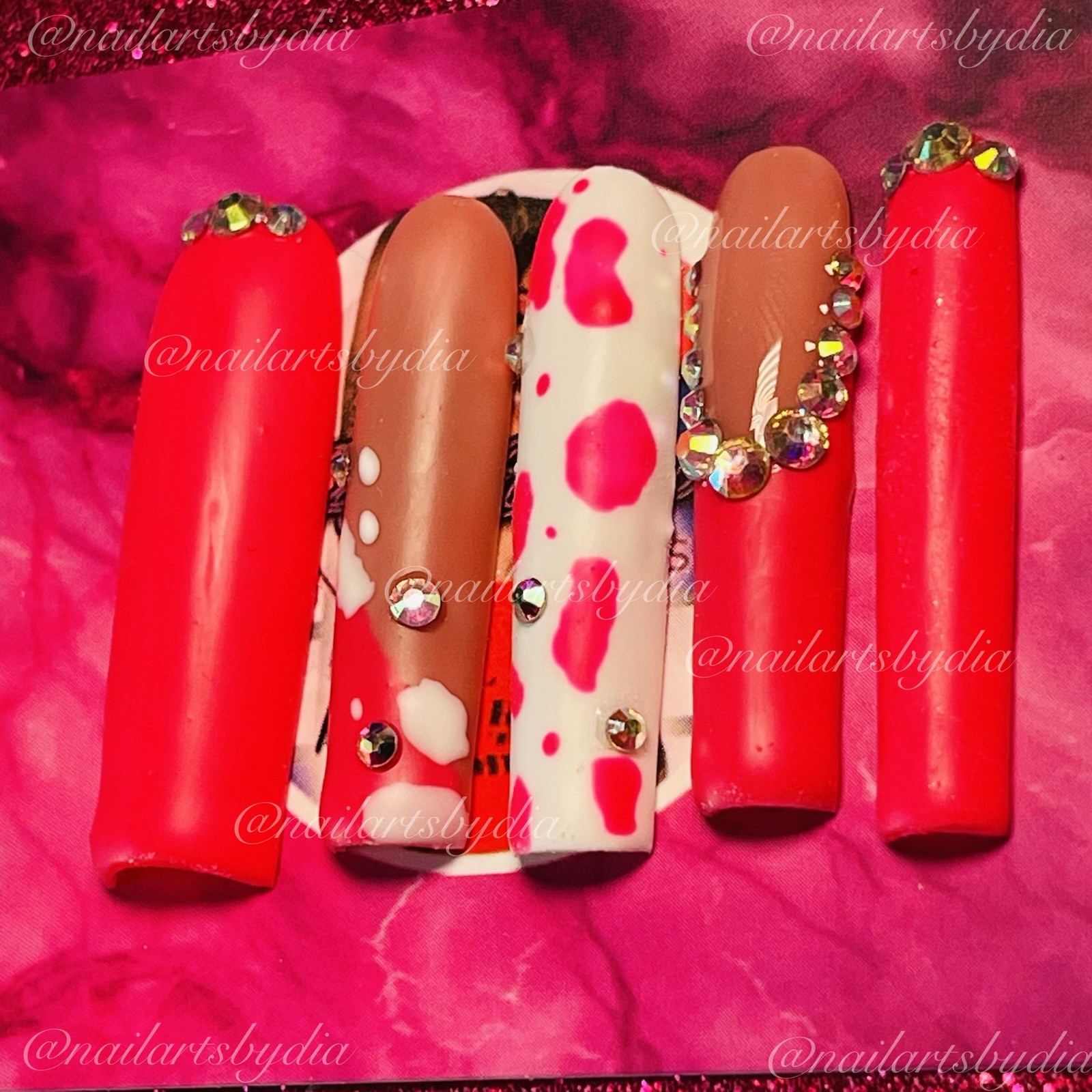 Long Coffin Press-On Nails Pink White Beige Animal 3D Full Cover Pre-Designed