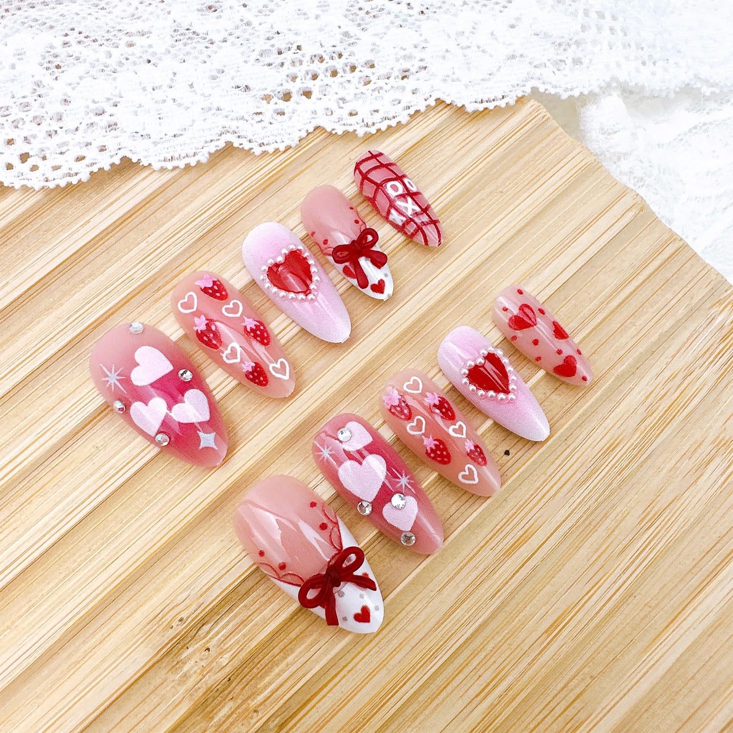 24pcs Valentines Press on Nails Medium Almond Fake Nails with Bow Heart Straw…