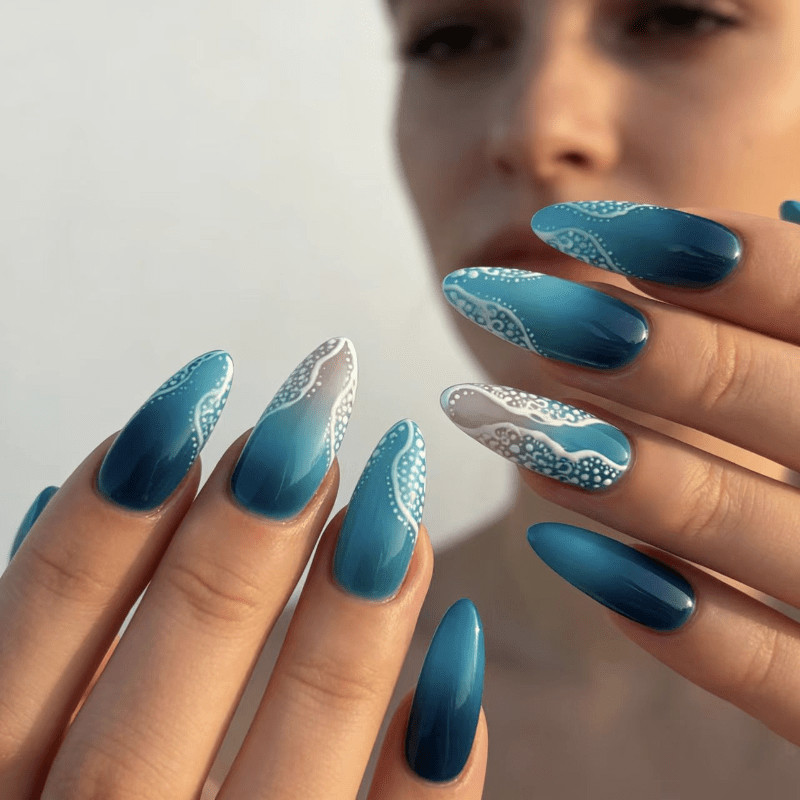48 pieces of medium length almond nail, blues wave gradient, wearable nail art