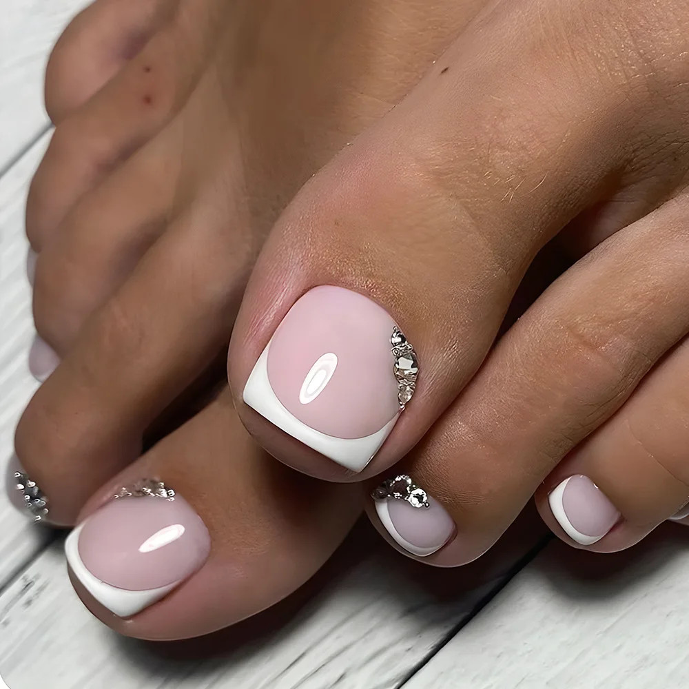 Nude Pink Crystal French Press On Toenails For Women