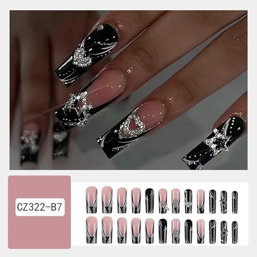Press on Nails Coffin Long Black French and Silver Star Heart Glitter Gems