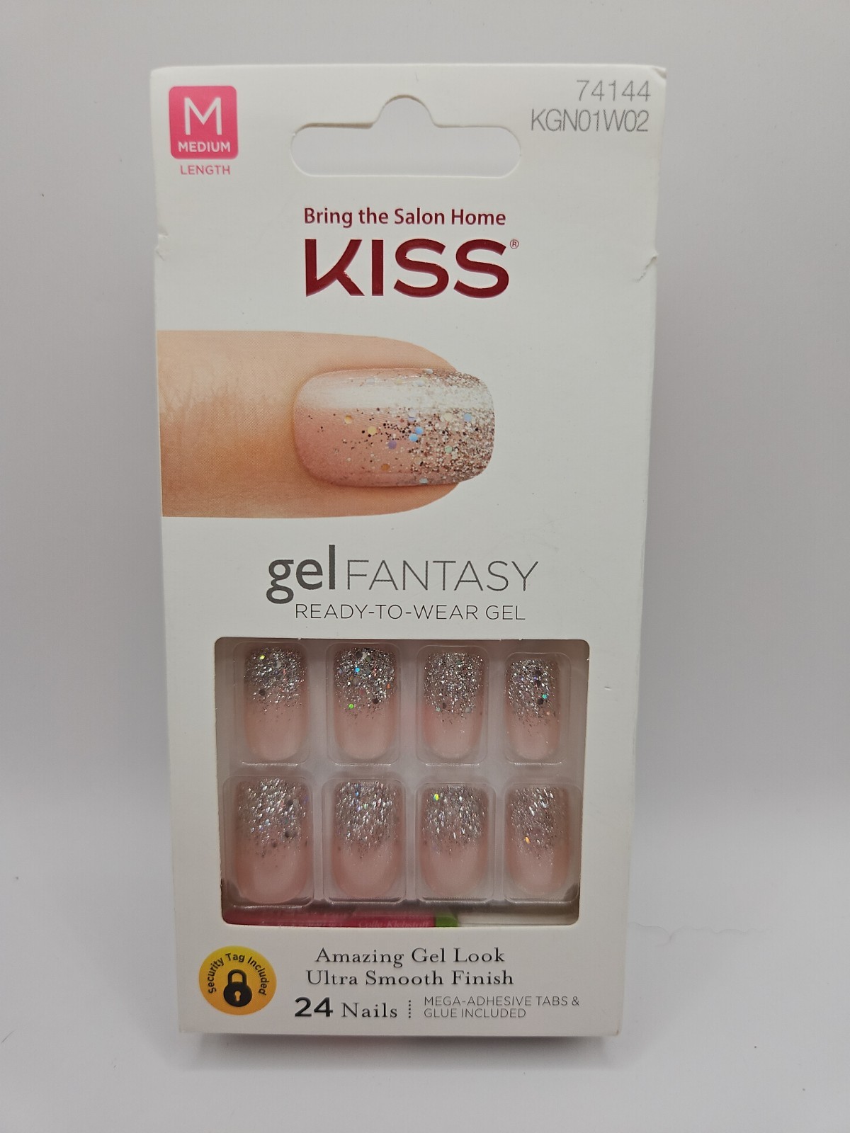 KISS Gel Fantasy 24 Gel Nails FANCIFUL #74144 Nude+Shiny Silver Confetti/Glitter