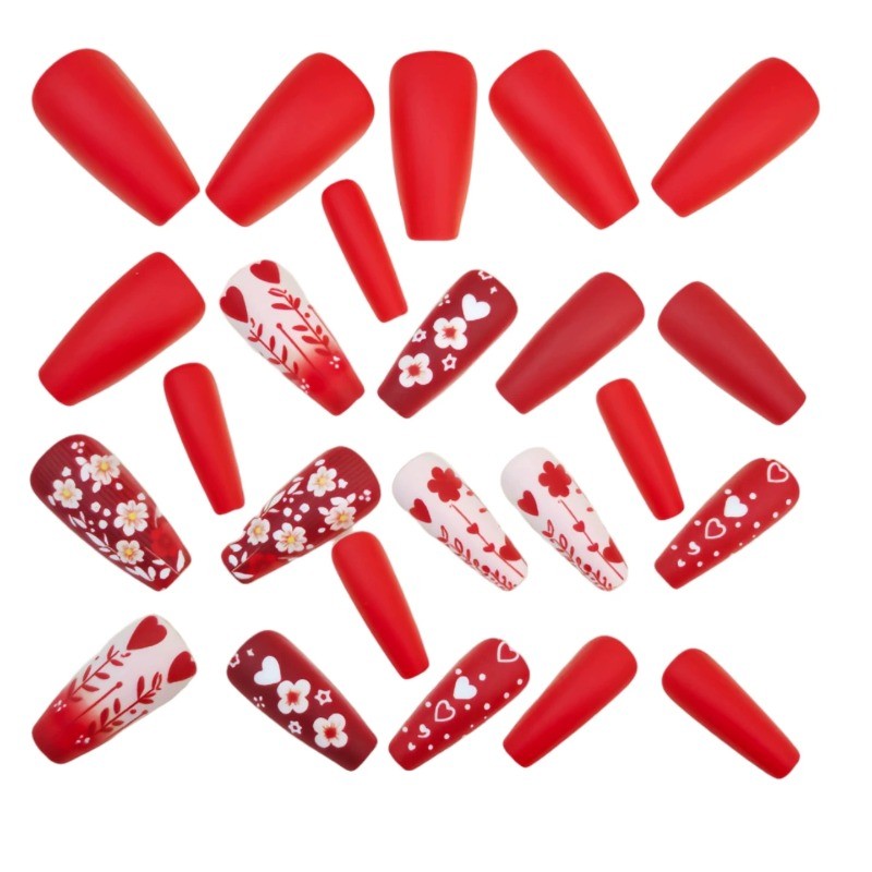 48 Pieces of Shiny Red Matte Ballet Shaped Medium Length Glossy Nail Art