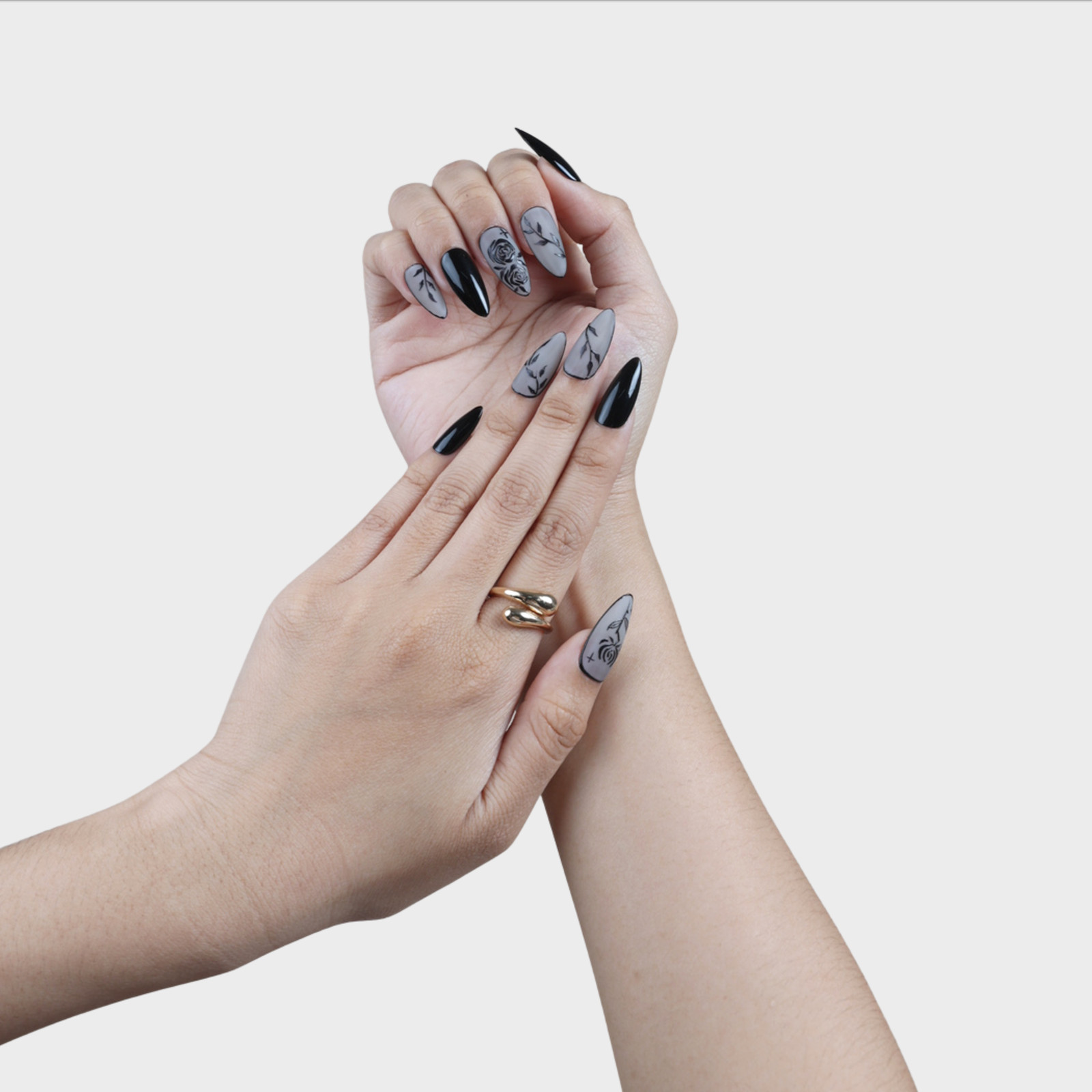 SIYOU Midnight Rose Almond Black Star Matte Press-On Nails 10pc