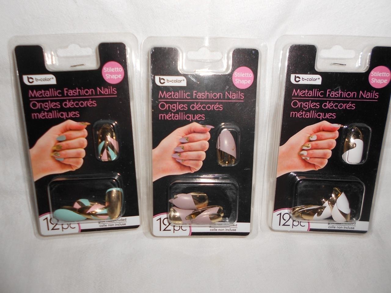 Lot 3 B-Color Metallic Fashion Nails Set Gold Plus 12 each pack Glue on New