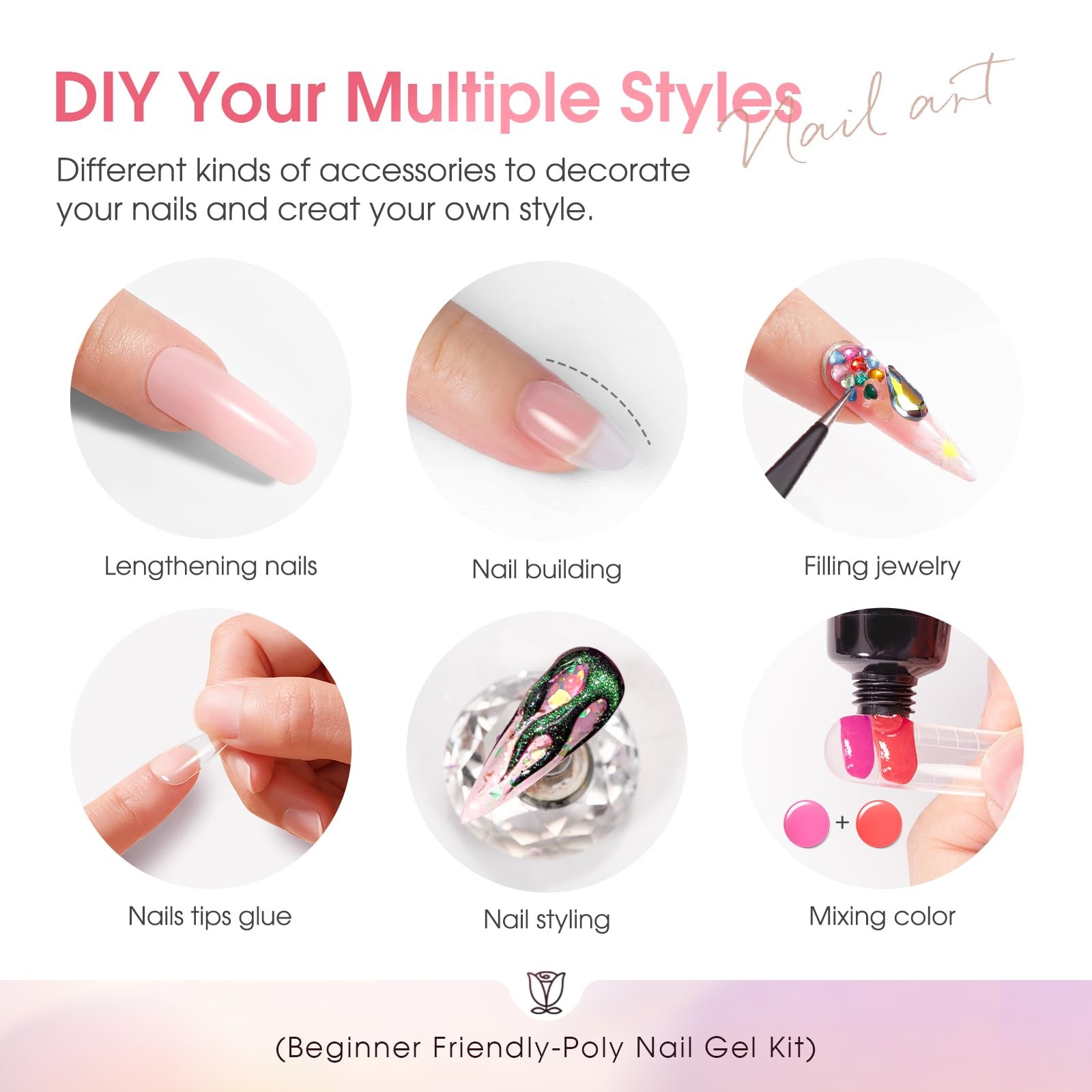 ROSALIND Poly Nail Gel Kit -34 Colors + White Brown Accessories Clear Nude Po…