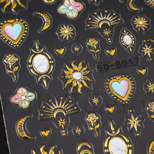 Gold Nail Stickers 5D Sun Moon Heart Nail Decals 2PCS 3D Self Gold Style