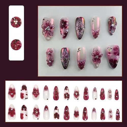 24Pcs Burgundy Gradient Flower Press on Nails Medium Almond Fake Nails gradient