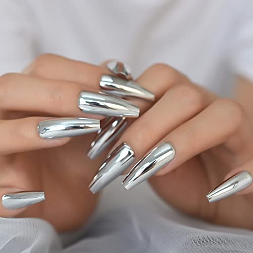 Silver Punk Metallic Press On False Nails Long Coffin Ballerina Chrome L5883-1