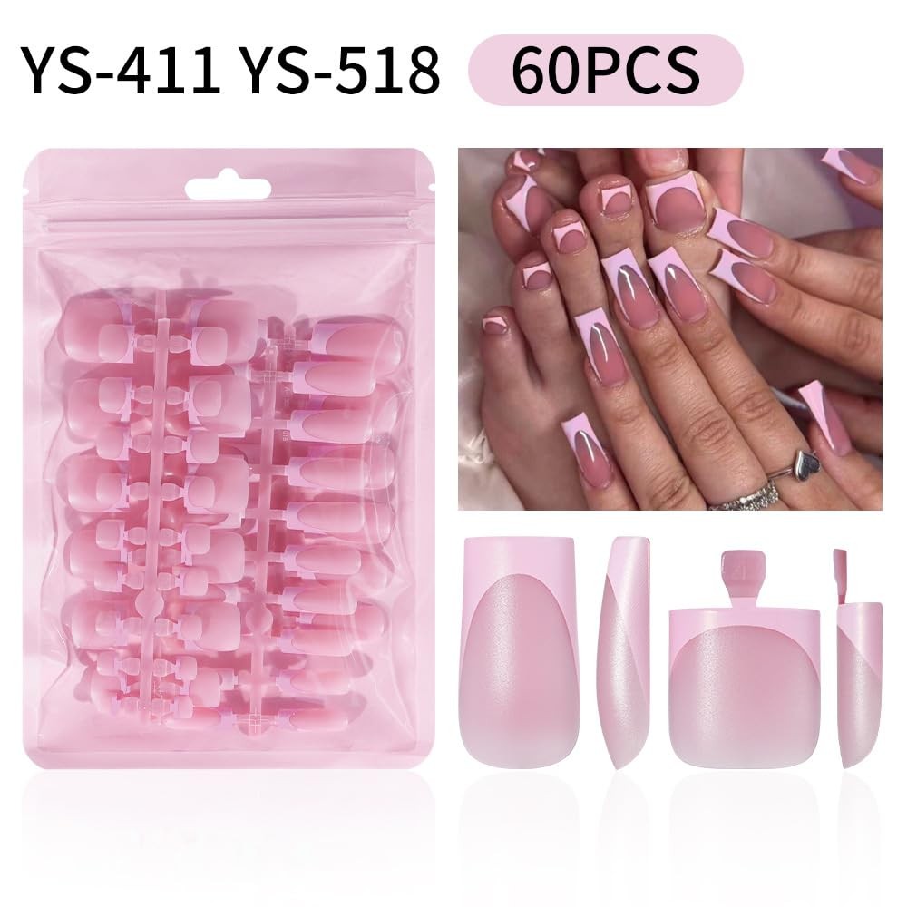 60Pcs French Tip Press on Nails & Toenails Set,Pink Medium, Style-6