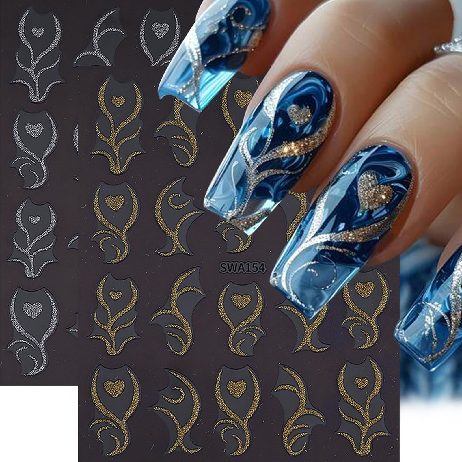 Heart Nail Art Stickers Decals 12PCS Sparkling Love Heart Vine Nail Decals 3D…