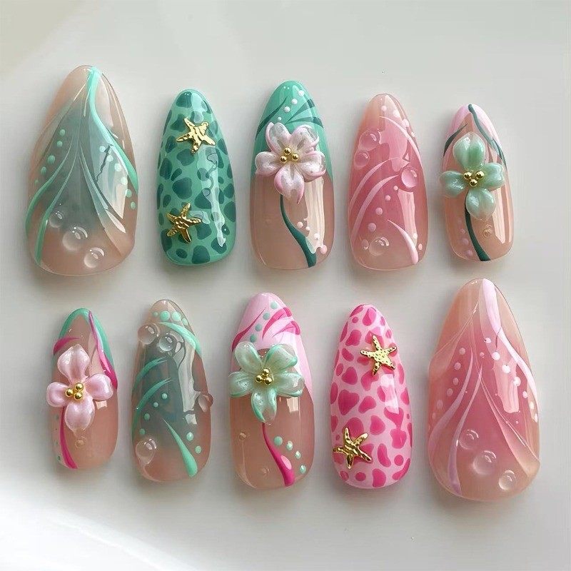 30Pcs-Long Almond Pink Green Leopard Flower Starfish Beach Press on Nails Set