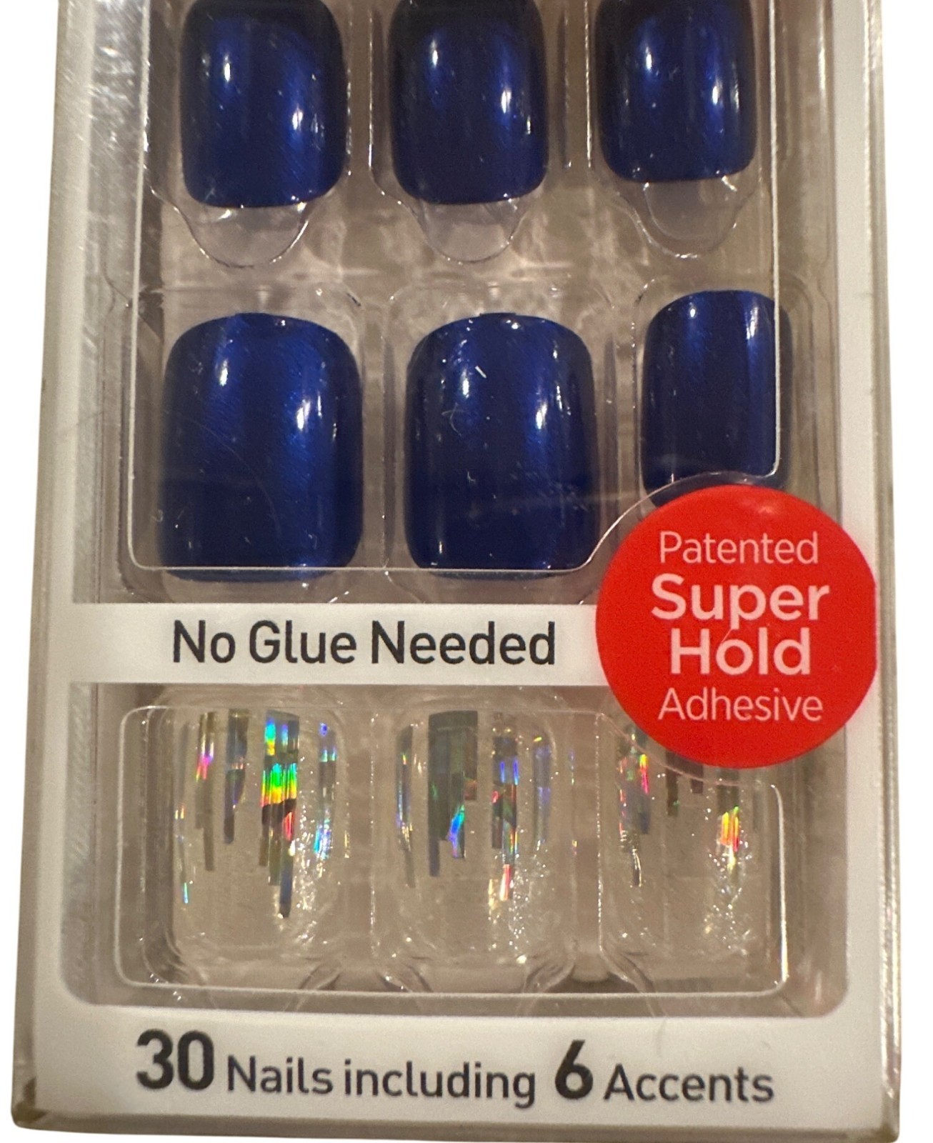 Impress 30 Nails 6 Accents BOSS LADY Short Square Glossy Royal Blue+Clear+Silver