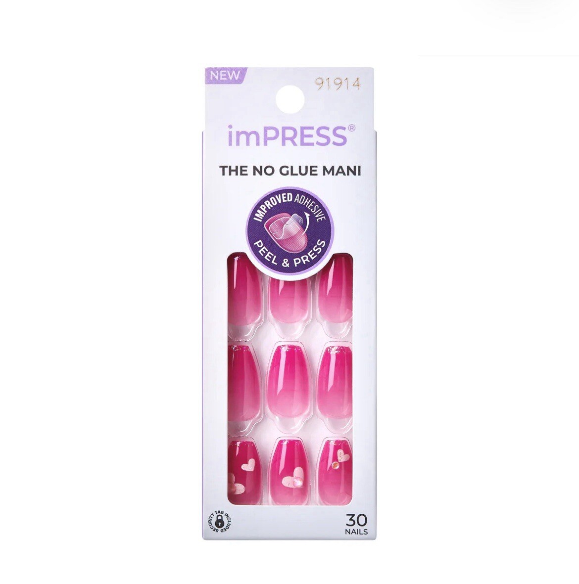 imPRESS Press On Nails -No Glue Needed- 30 Count New -Coffin Medium Pink- Hearts