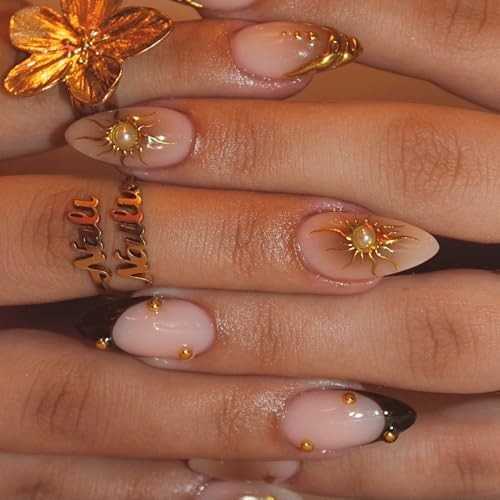 French Tip Press On Nails Medium Almond Fake Nails Gold Sun normal-nails15