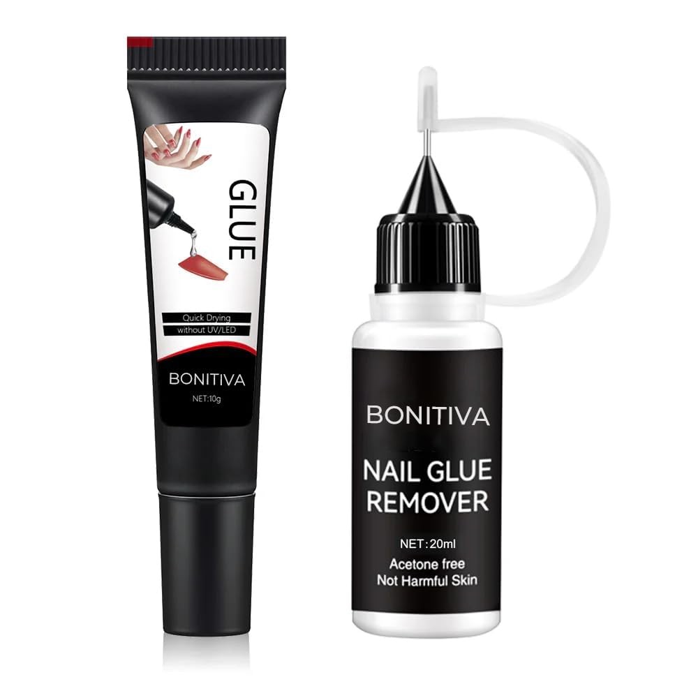 Bonitiva Semi-Solid Gel Nail Glue 10g and Non-Acetone Remover 20ml Kit, Quick…