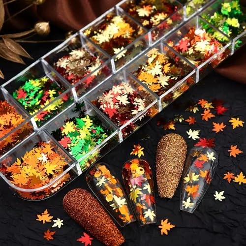 12 Grids Fall Nail Glitters 3D Gold Maple Leaf Nail Sequins with Autumn