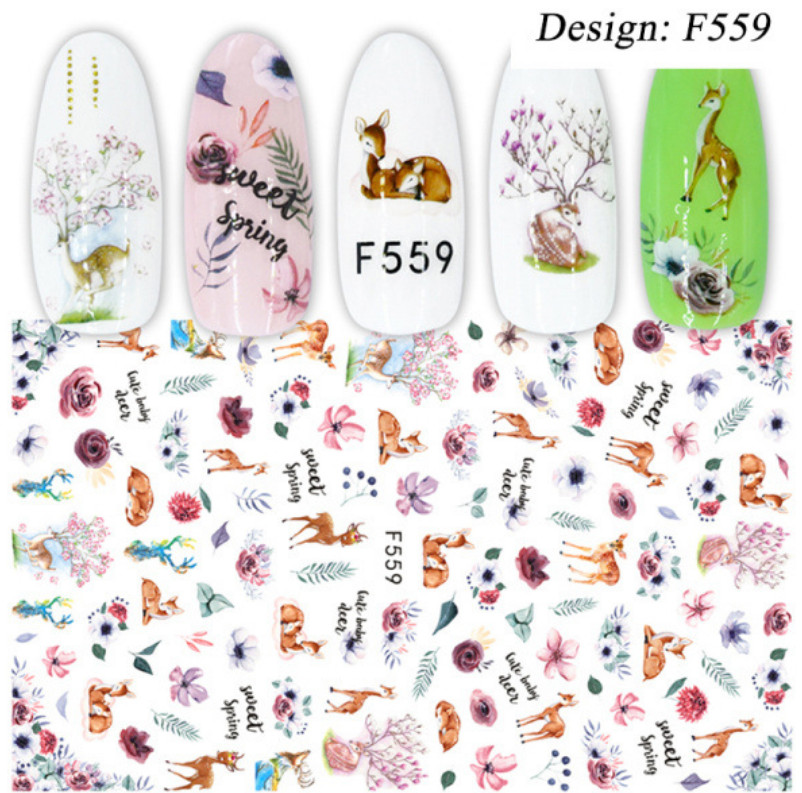 3D Nail Art Sticker Cute Deer Rose Flower Decal Manicure Peel & Stick F559 NS3