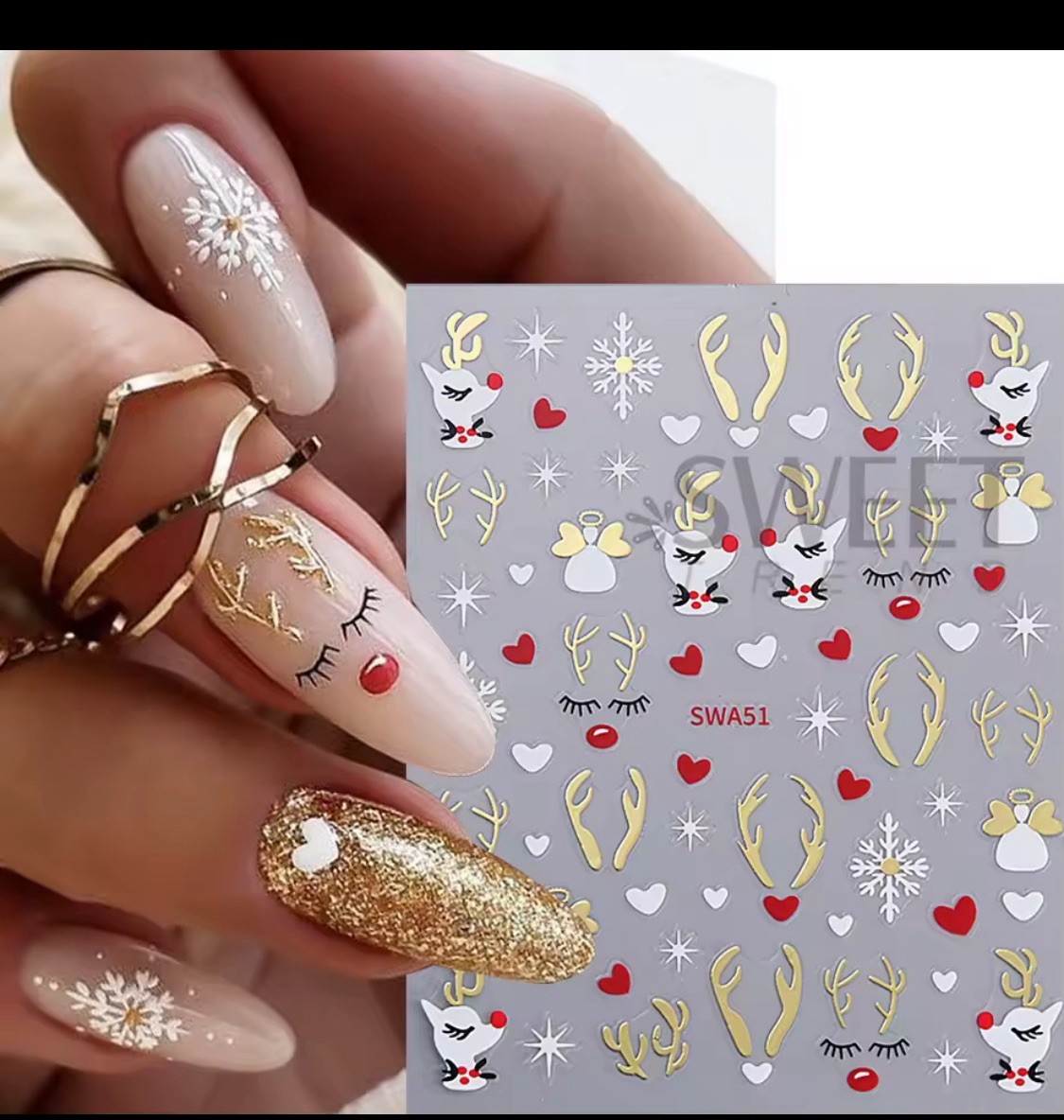 Nail Stickers Art Decal DIY Design 3D Waterproof Deer Heart Christmas SWA51 Gold