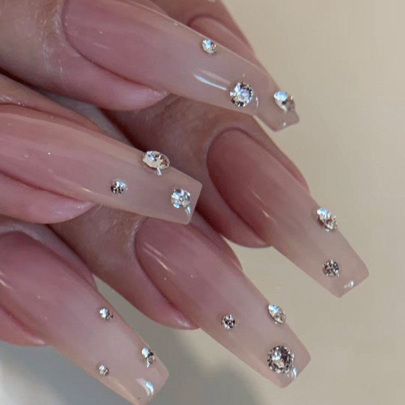 48pcs Long Taper Press on Nails, Nude Clear Mixed Rhinestone Gloss Wedding Nails