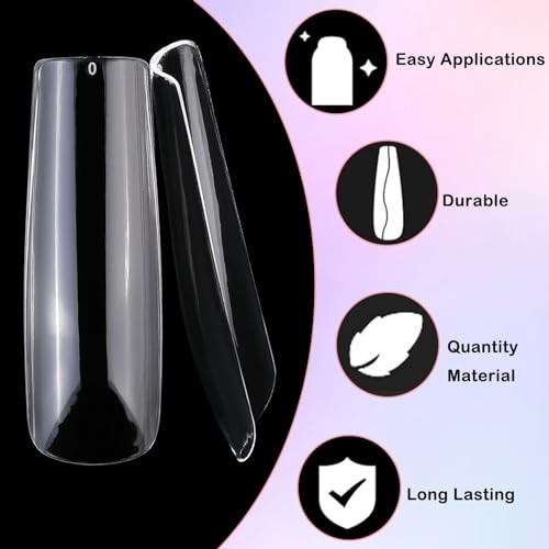 240pc XL Clear Acrylic Nail Tips Full Cover Extra Long Fake Nails Press Square