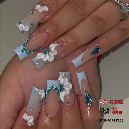 Blue French Tip Nails – Long Square Press on Nails – 3D Flower FNEB006