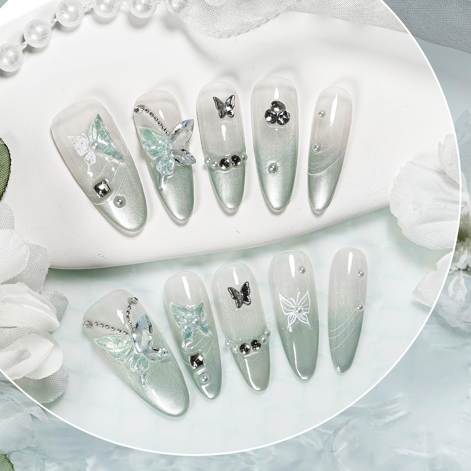 Press on Nails Butterfly Almond Shape Cat Eye Handmade 3D Fake Nail Tips Reus…