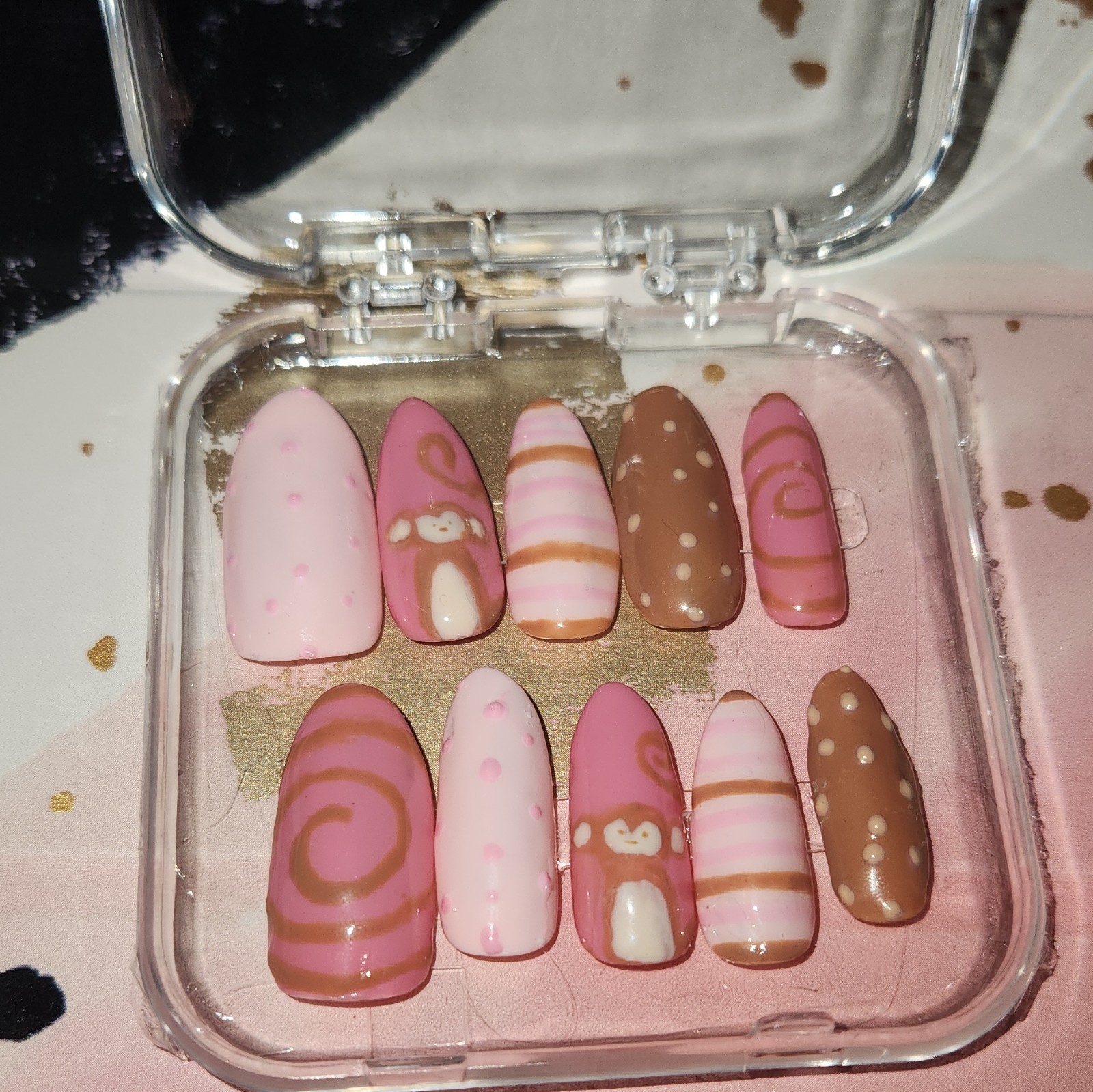 Animal Theme Full Cover Press-On Nails, Pink/Brown/White, Medium Coffin