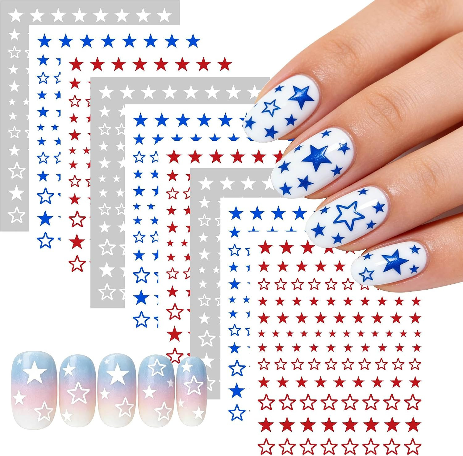 Red Blue White Star Nail Art Stickers, 3D Self-Adhesive 4Th of July Nail