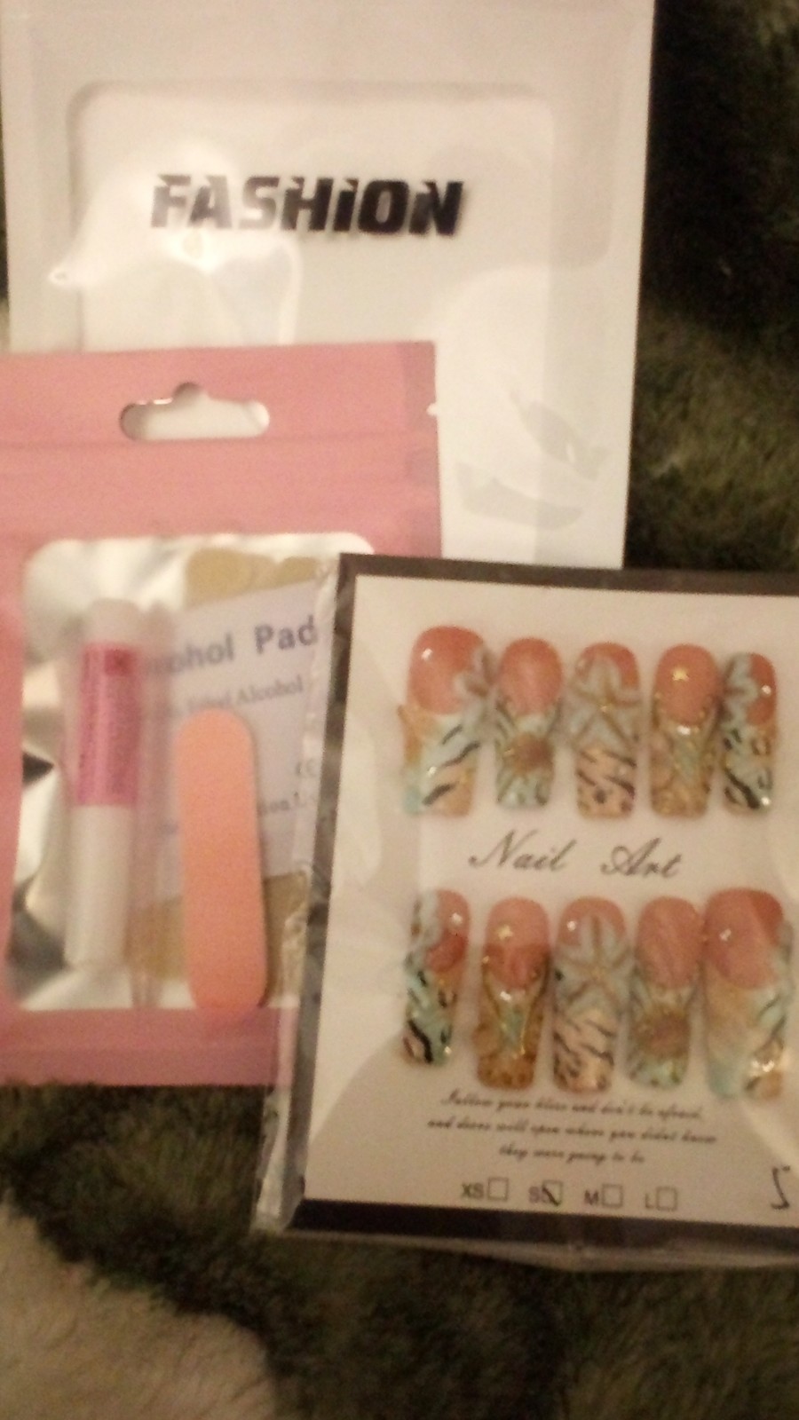 Fashion 3D Press-On Nails Peach Blue Gold medium Square Animal Floral