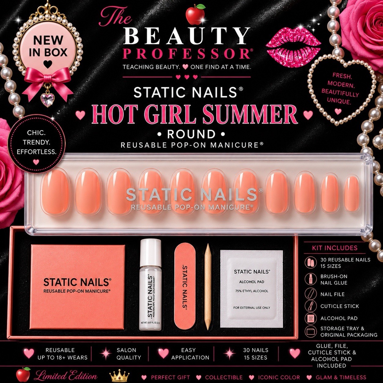 Static Nails Hot Girl Summer Round Reusable Pop-On Manicure New In Box