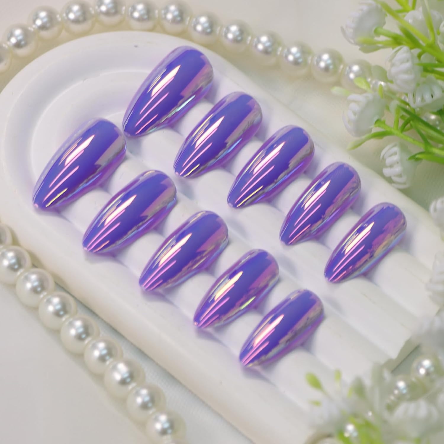 Almond Press on Nails Medium Fake Nails with Chrome Aurora Designs Glossy Nails