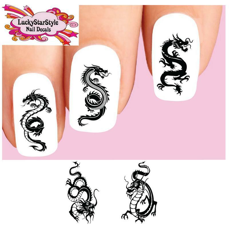Waterslide Dragon Nail Decals Set of 20 – Black Dragons Silhouette Assorted