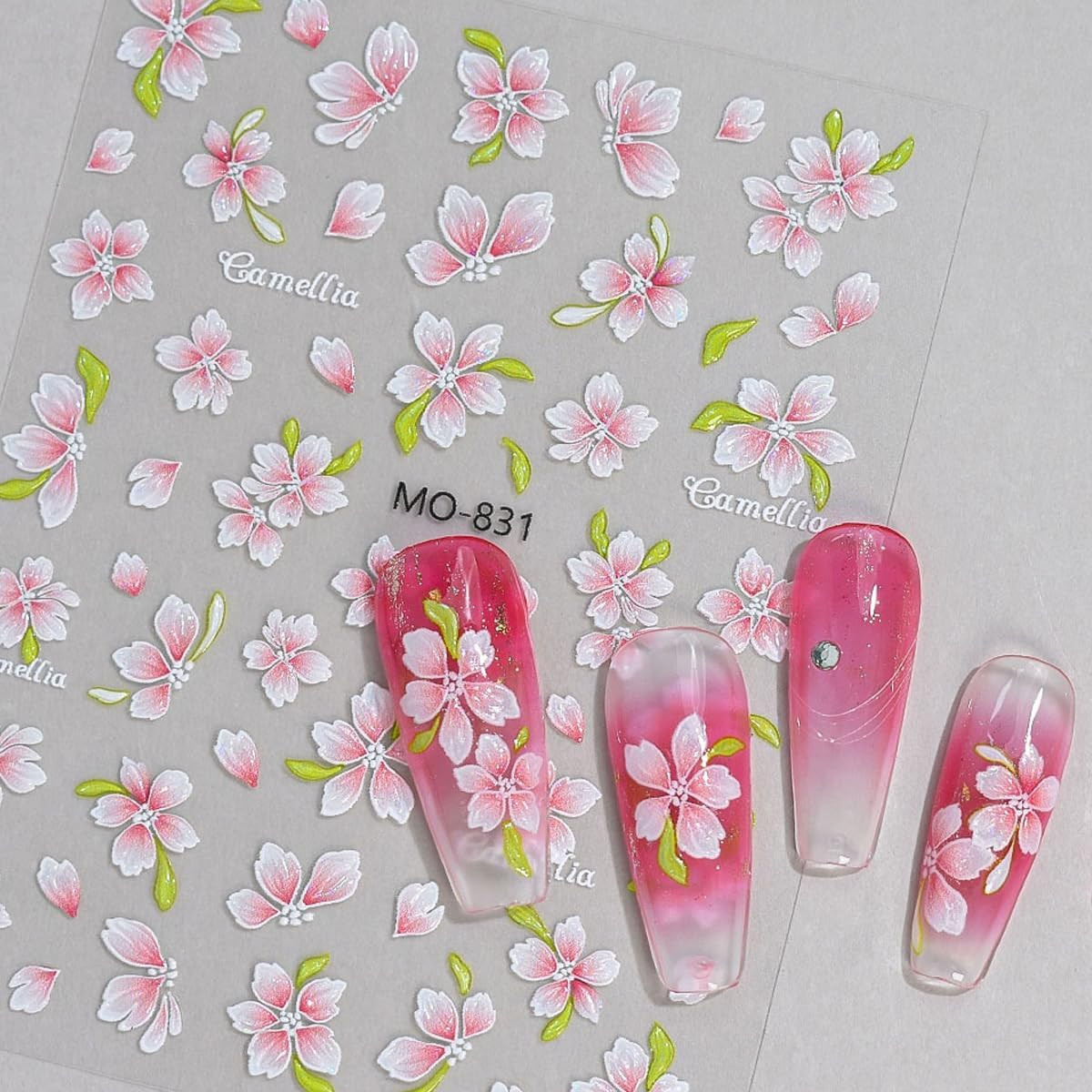 3 Sheets Flower Nail Stickers for Nail Art 3D Self-Adhesive Pink Yellow Flower N