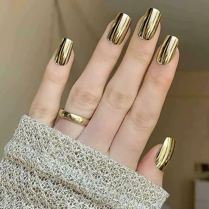 Gold Press on Nails Short Square Fake Nails Gold Chrome False Nails Style-A4