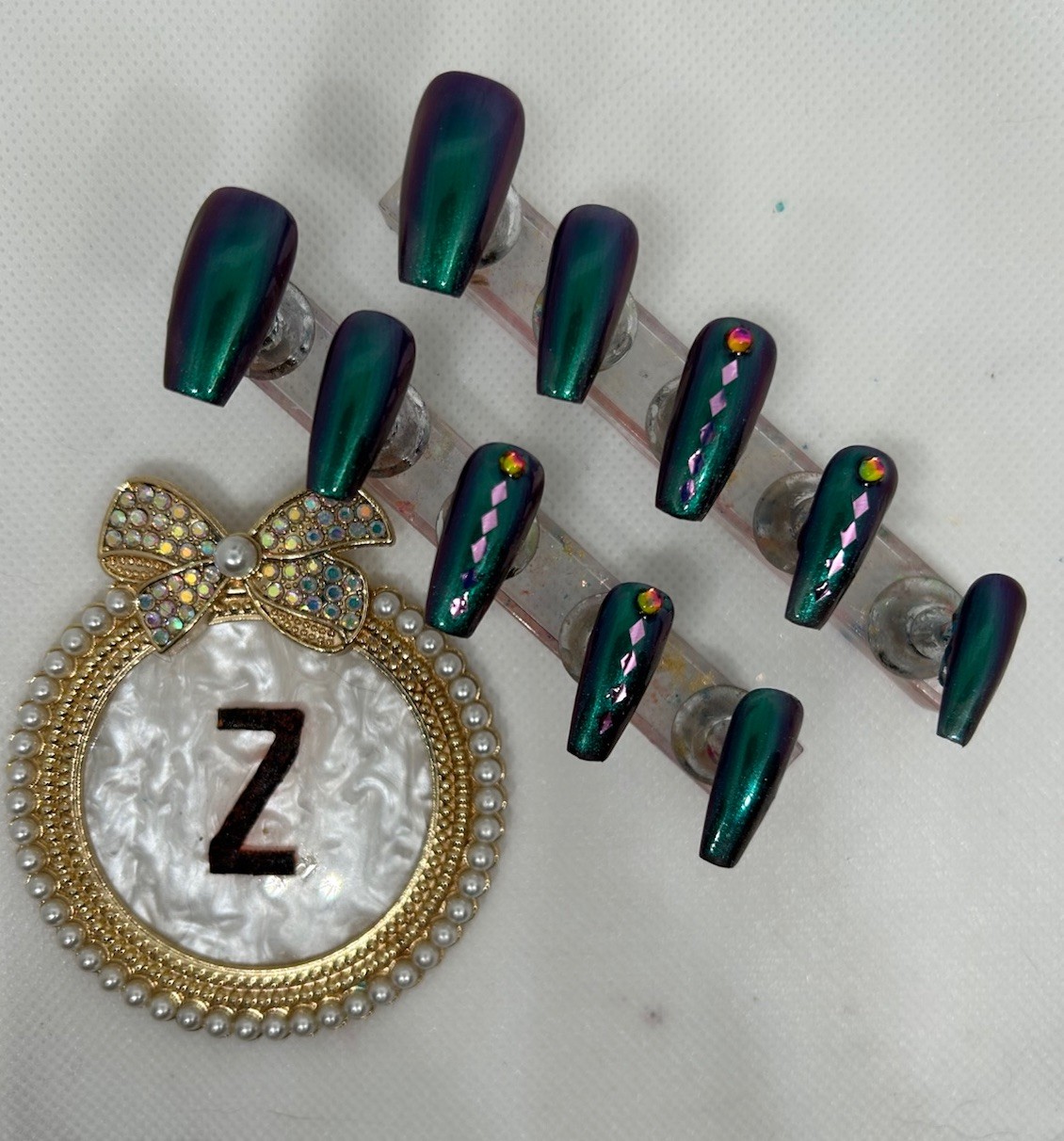 Z NAILZ! Handmade M Coffin Green/Purple Reflective Paint W/accents Press On Nail