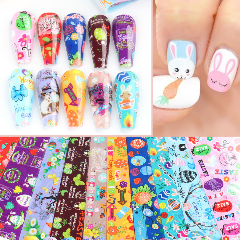10 Rolls Easter Rabbit Eggs Flower Heart Nail Foil Transfer Stickers Decals