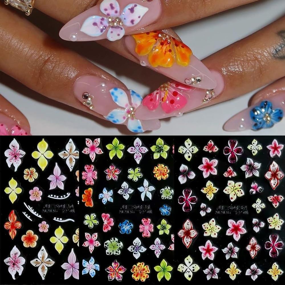 Flower Nail Stickers for Nail Art, 5D Embossed Hibiscus Nail Decals Pink White L