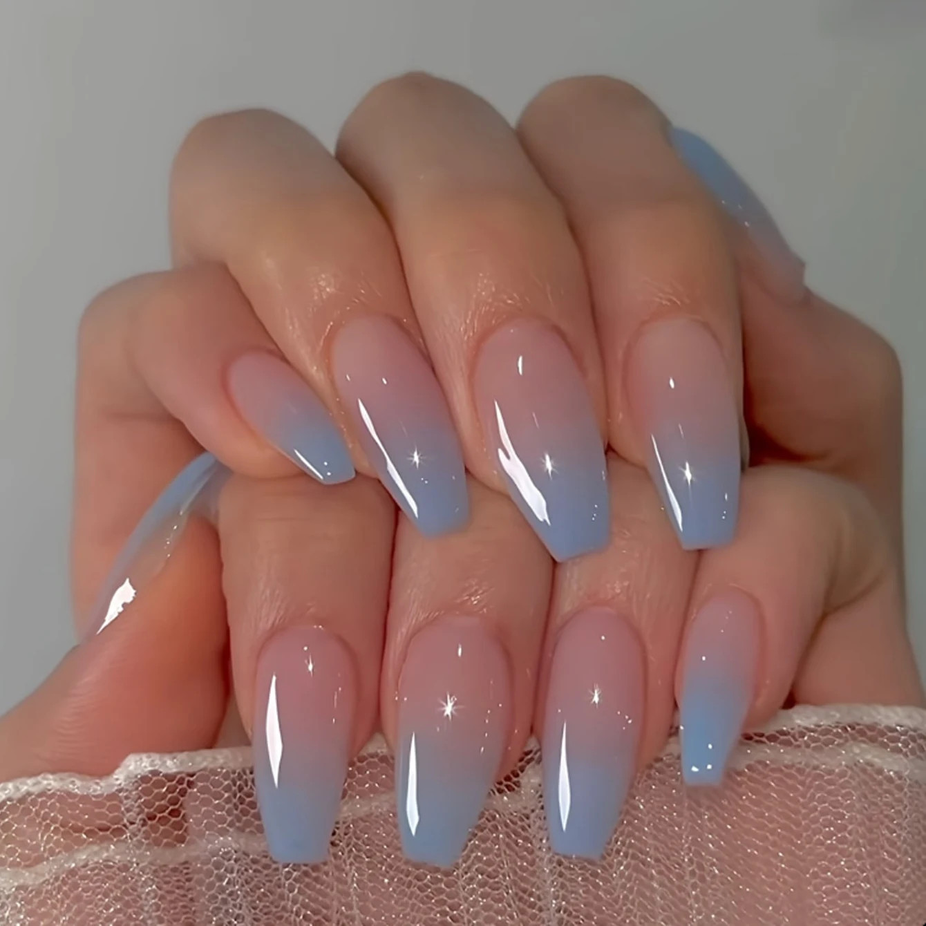 24PCS Press On Nails Square Gradient Blue Fake Nails With Long Acrylic Gloss