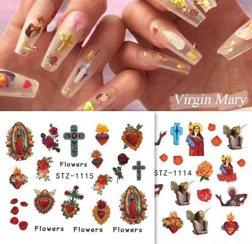 8 Sheets Nail Art Stickers Water Transfer Decals Mary Angel Christian Jesus NS19