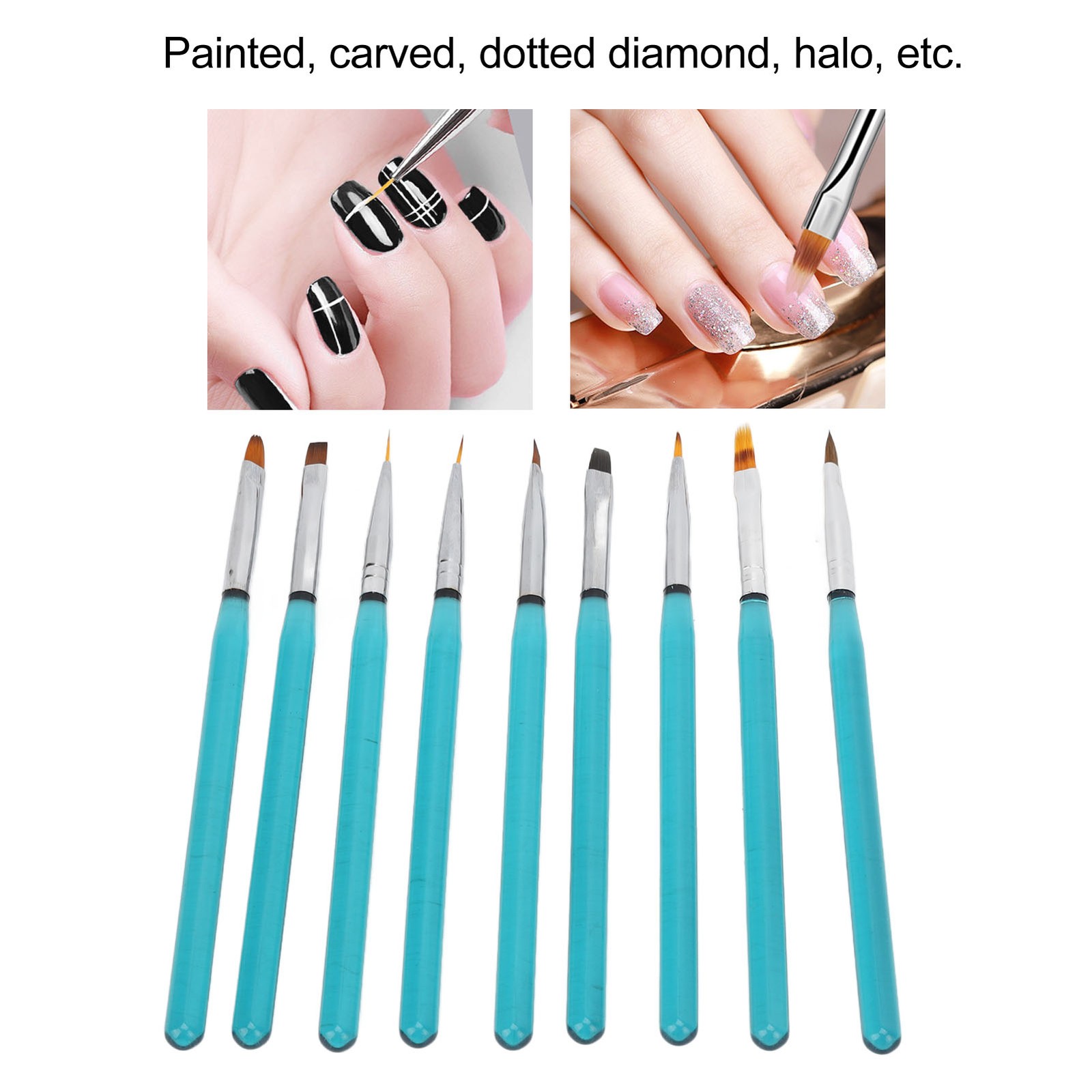 9Pcs Nail Art Brush Set Nylon Hair Blue Metal Rod