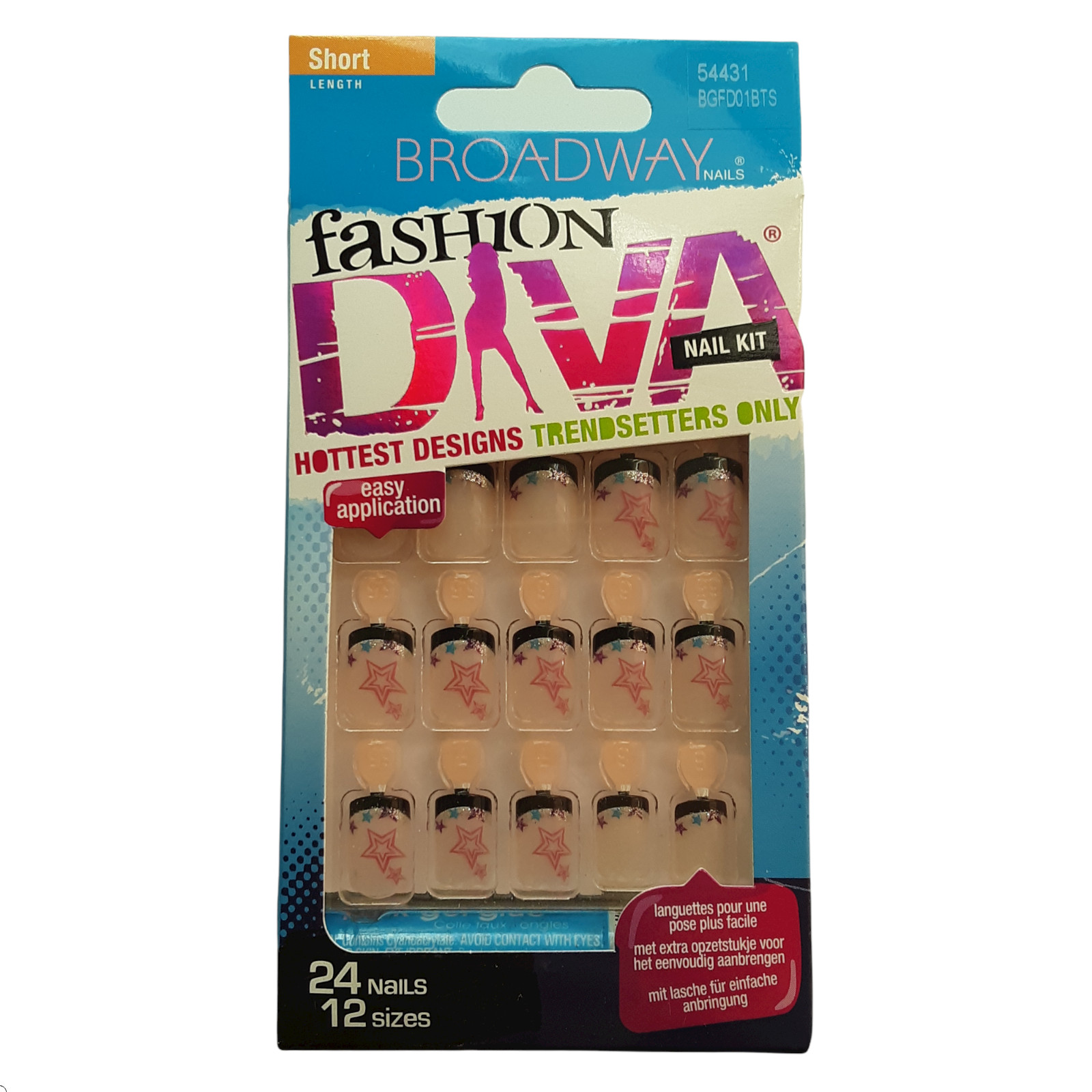 Broadway Fashion Diva Pink Glue On Nails Short Black Tips Stars BGFD01BTS