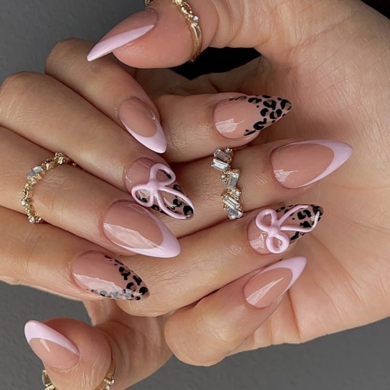 Sweet Edgy 3D Bows Leopard Print French Press On Nail ABS Material For Party